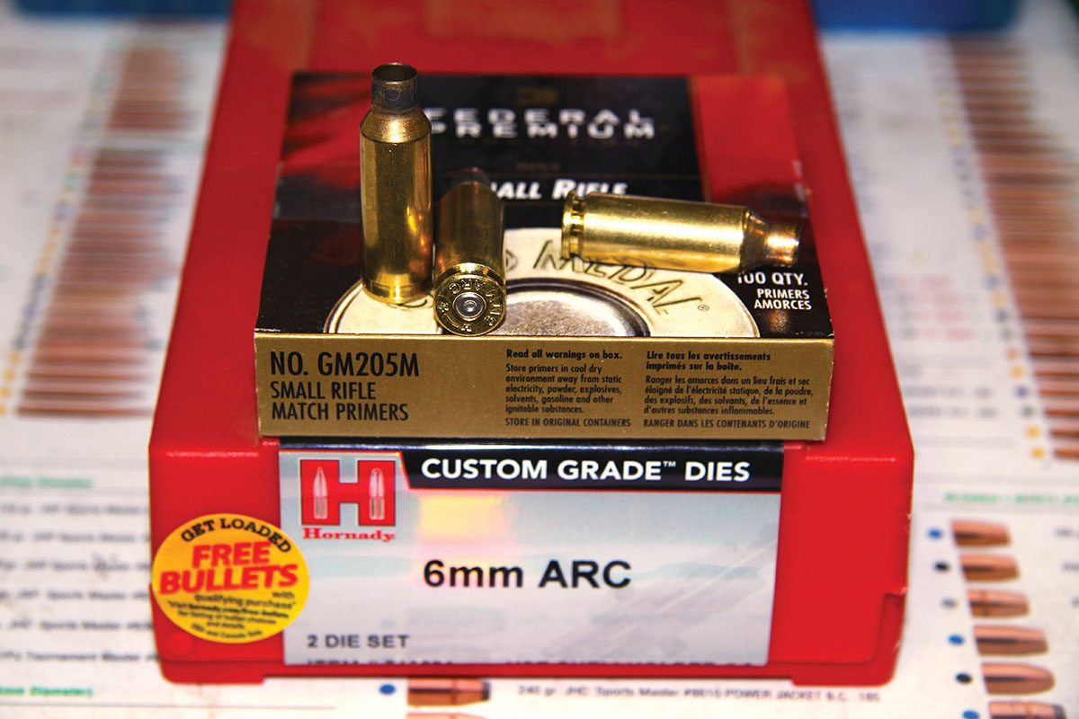 The author assembled all 6mm ARC test loads using Hornady Custom Grade dies, Federal Premium No. GM205M Small Rifle Match primers and newly-released Starline cases.
